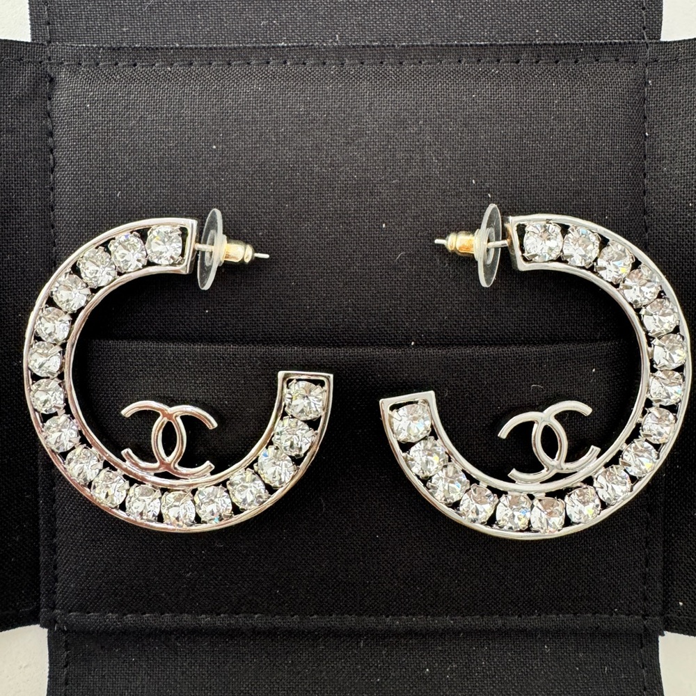 23A CHANEL SILVER CC LOGO LARGE CRYSTALS CRYSTAL METAL XL HOOP HOOPS EARRINGS